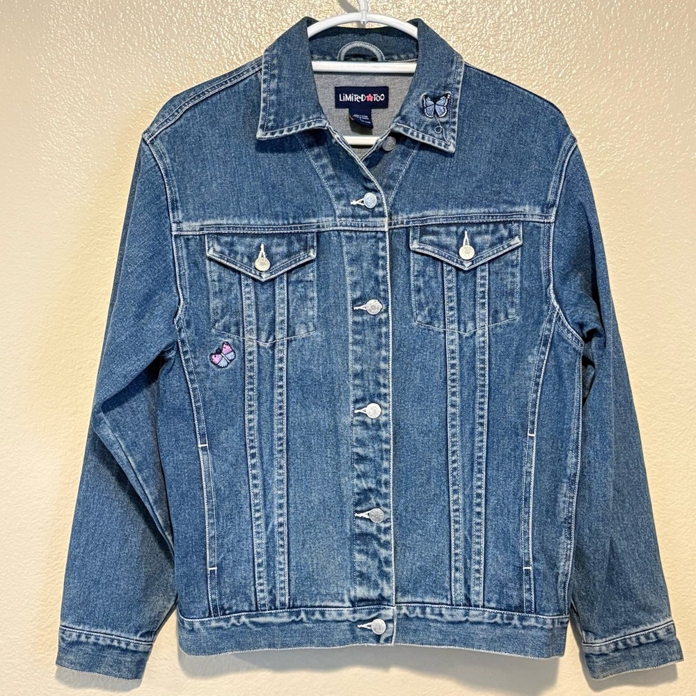 Vintage Y2K Limited Too Blue Denim Jean Jacket Embroidered Butterflies Sz Large